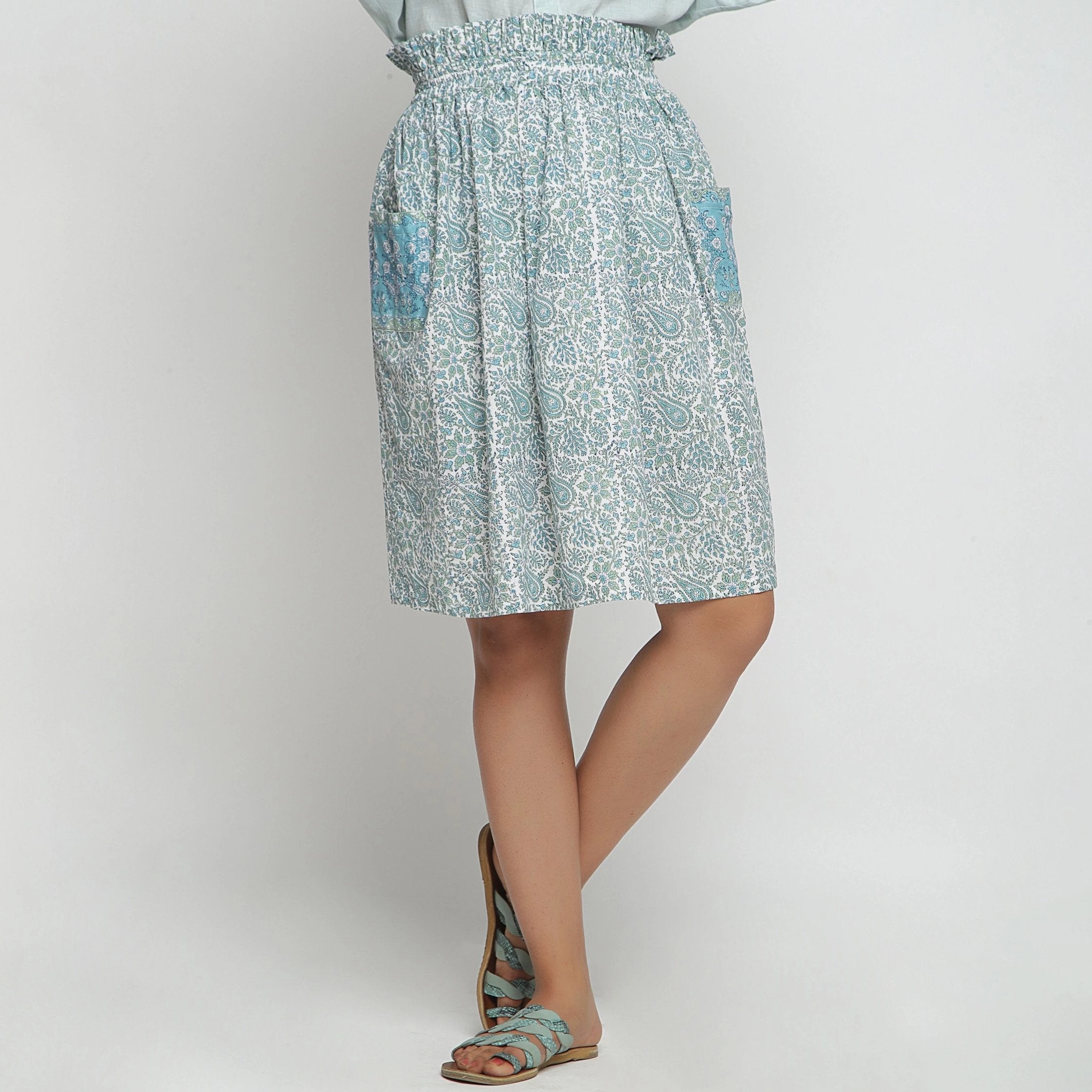 Front View of a Model wearing Sage Green Hand Block Print Gathered Skirt