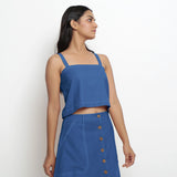 Right View of a Model wearing Vegetable-Dyed Blue 100% Cotton Spaghetti Top
