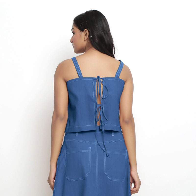 Back View of a Model wearing Vegetable-Dyed Blue 100% Cotton Spaghetti Top