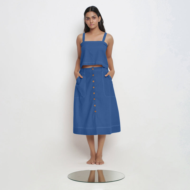 Front View of a Model wearing Blue Spaghetti Top and Button-Down Skirt Set