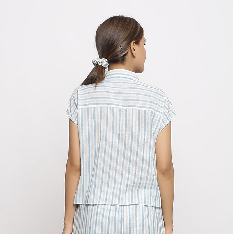 Back View of a Model wearing Blue Handspun Striped Button-Down Shirt