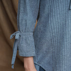 Close View of Model wearing Turkish Blue Tie-Up Collar Button Down Shirt