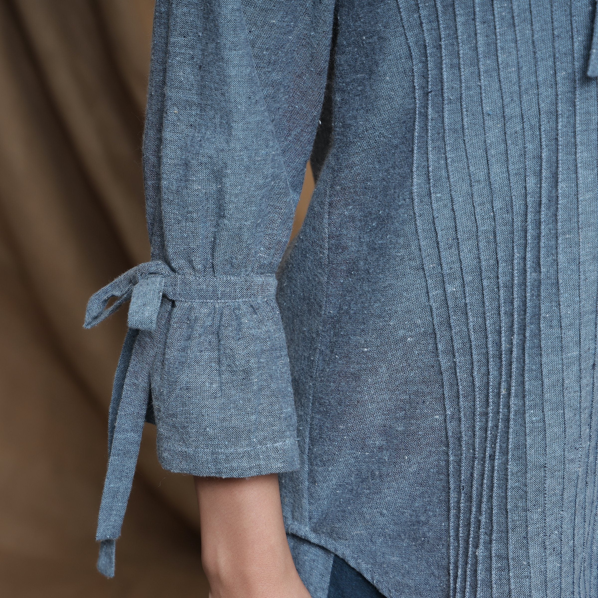 Close View of Model wearing Turkish Blue Tie-Up Collar Button Down Shirt