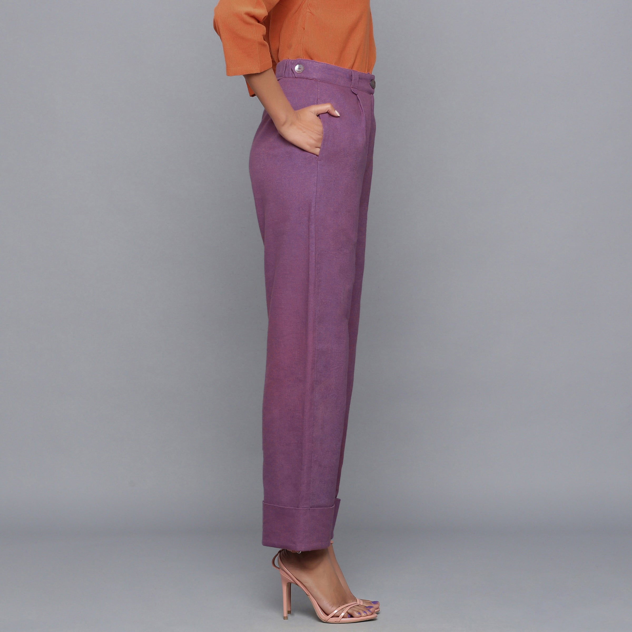 Right View of a Model wearing Wine Flannel Rolled-Up Straight Pant