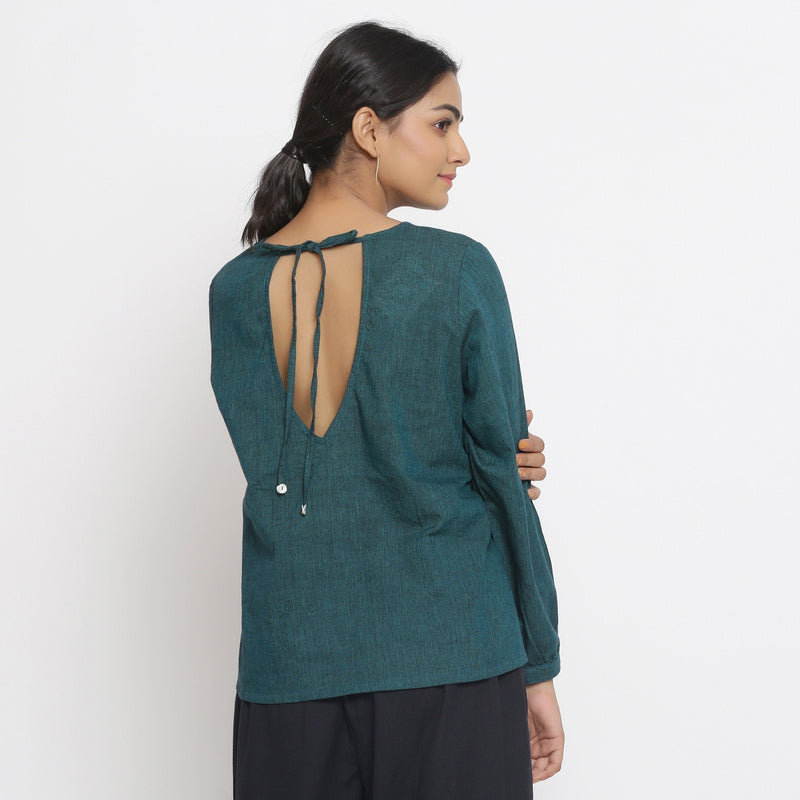 Back View of a Model wearing Bottle Green Cotton Striped High Low Top