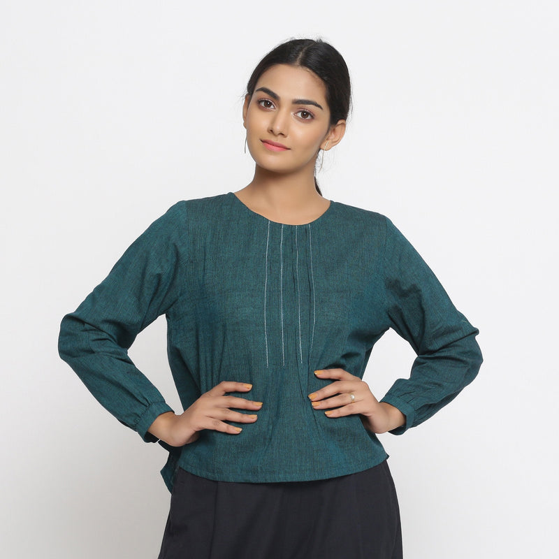 Front View of a Model wearing Bottle Green Cotton Striped High Low Top