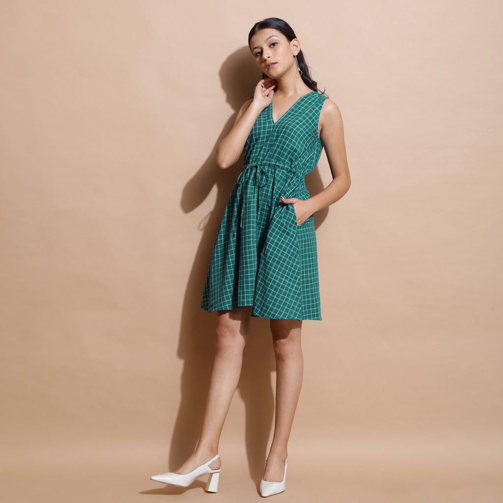 Bottle Green Checks Handspun Cotton V-Neck Flared Short Dress