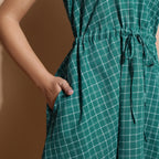 Bottle Green Checks Handspun Cotton V-Neck Flared Short Dress