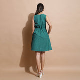 Bottle Green Checks Handspun Cotton V-Neck Flared Short Dress