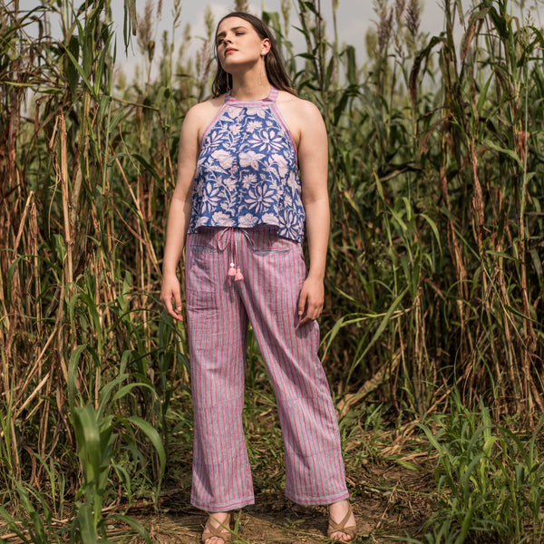 Front View of a Model wearing Block Printed Floral Top and Striped Pant Set