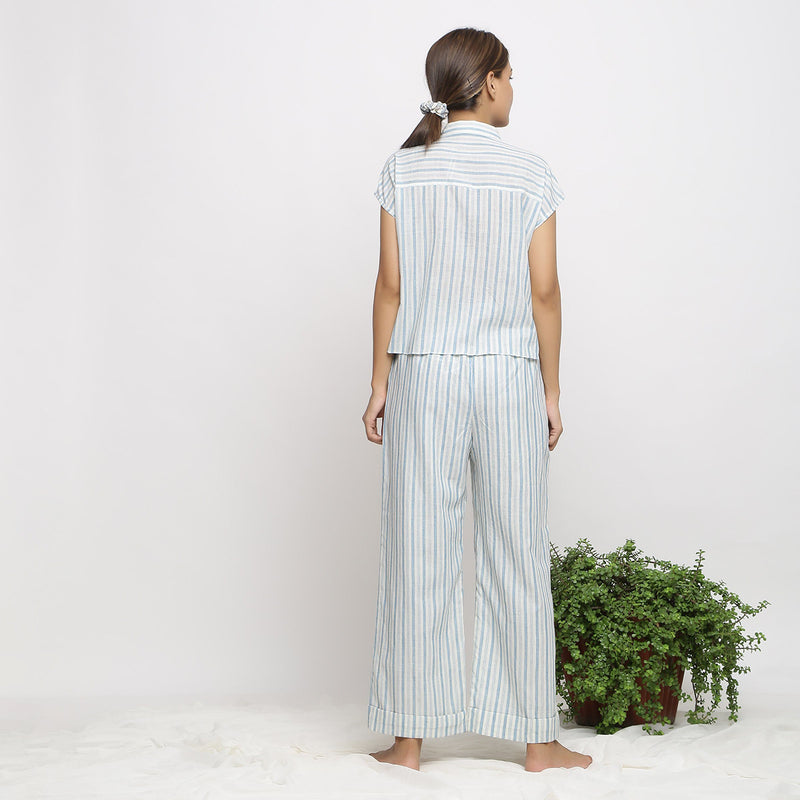 Back View of a Model wearing Comfy Sky Blue Striped Shirt and Pant Set