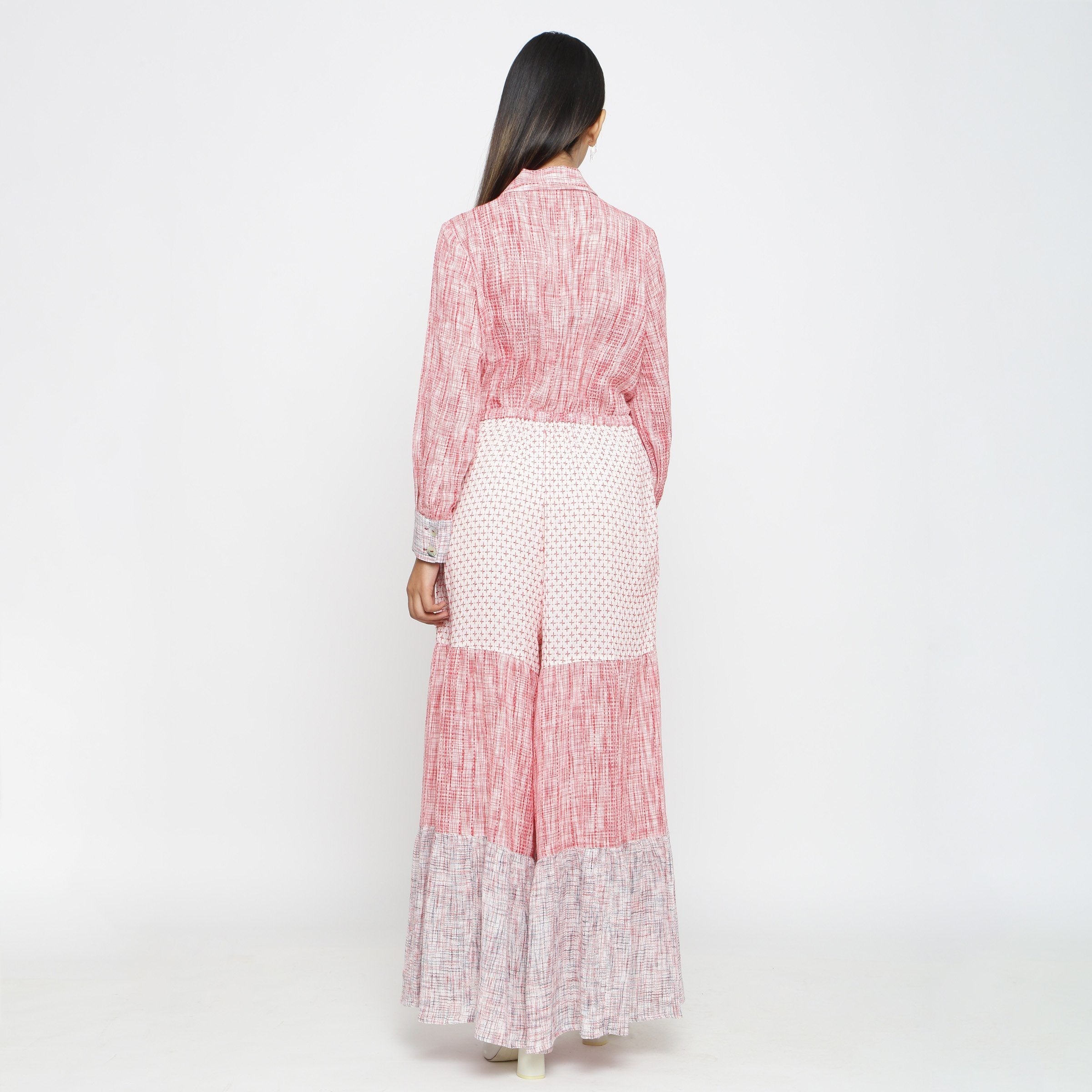Back View of a Model wearing Crinkled Cotton Full Sleeve Boho Jumpsuit