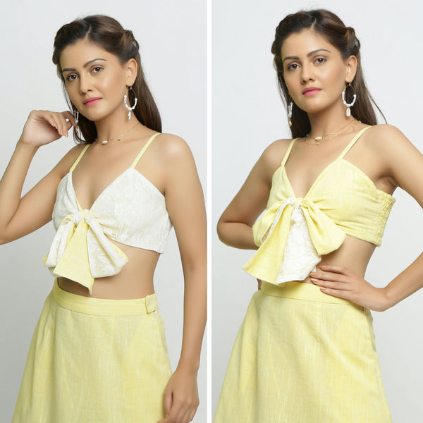 Front View of a Model wearing Lacy Yellow Tube Top and A-Line Skirt Set