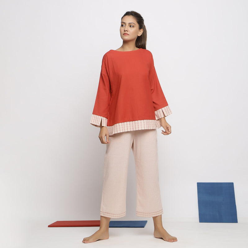 Front View of a Model wearing Brick Red A-Line Shirt and Striped Culottes Set