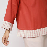 Close View of a Model wearing Brick Red A-Line Shirt and Striped Culottes Set