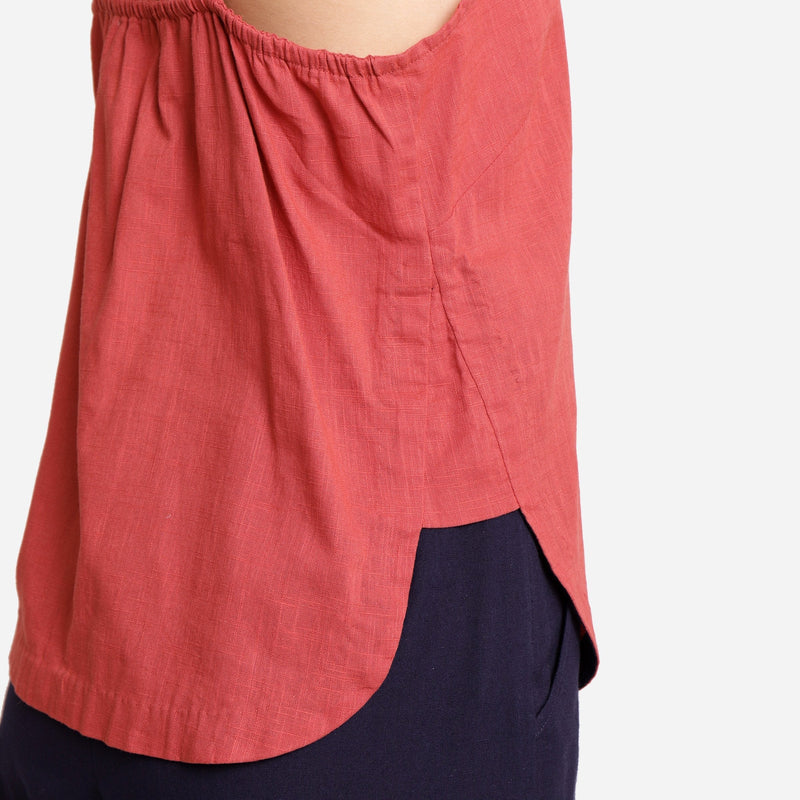 Right Detail of a Model wearing Brick Red Cotton Spaghetti Strap Top