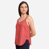 Left View of a Model wearing Brick Red Cotton Spaghetti Strap Top