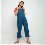 Front View of a Model wearing Brick Red Cotton Top and Teal Dungaree Set