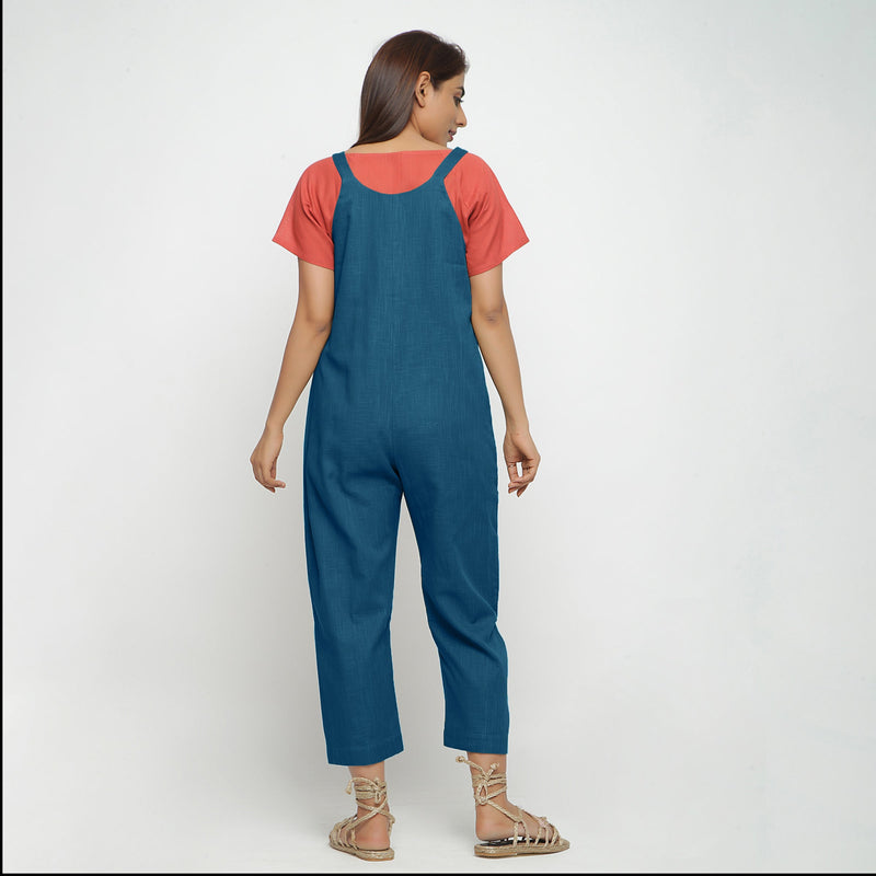 Back View of a Model wearing Teal Strap Sleeve Solid Dungaree