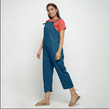 Left View of a Model wearing Teal Strap Sleeve Solid Dungaree