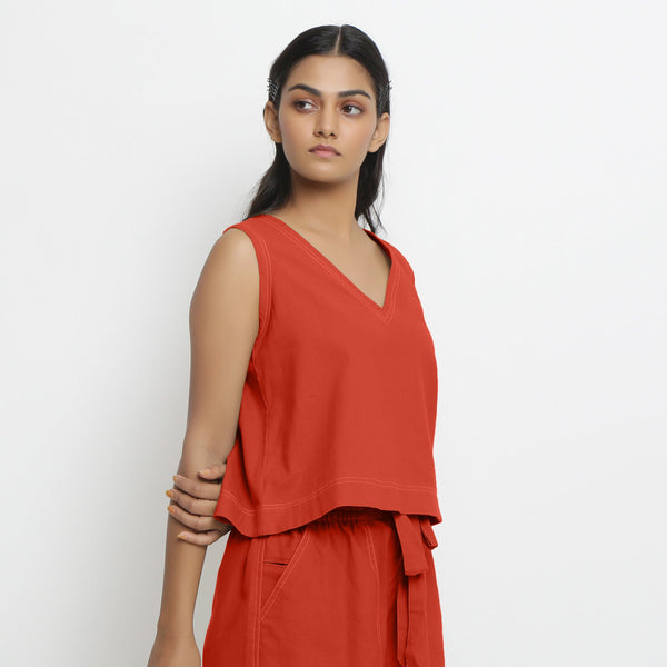 Right View of a Model wearing Brick Red Handspun Vegetable Dyed Crop Top