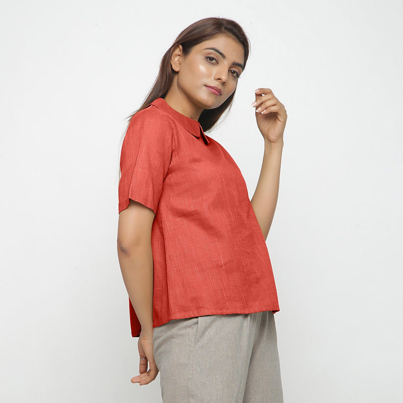 Right View of a Model wearing Brick Red Everyday Essential A-Line Top