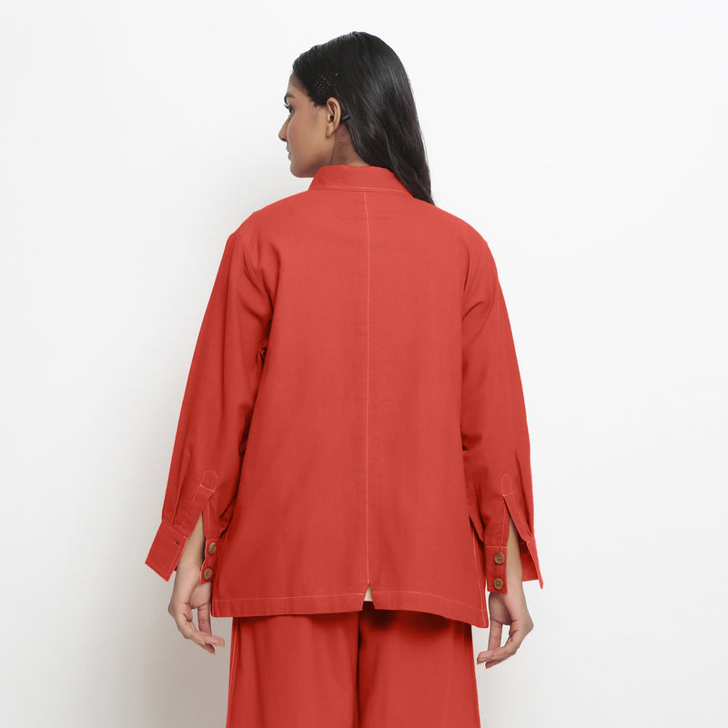Back View of a Model wearing Vegetable Dyed Button-Down Red Outerwear