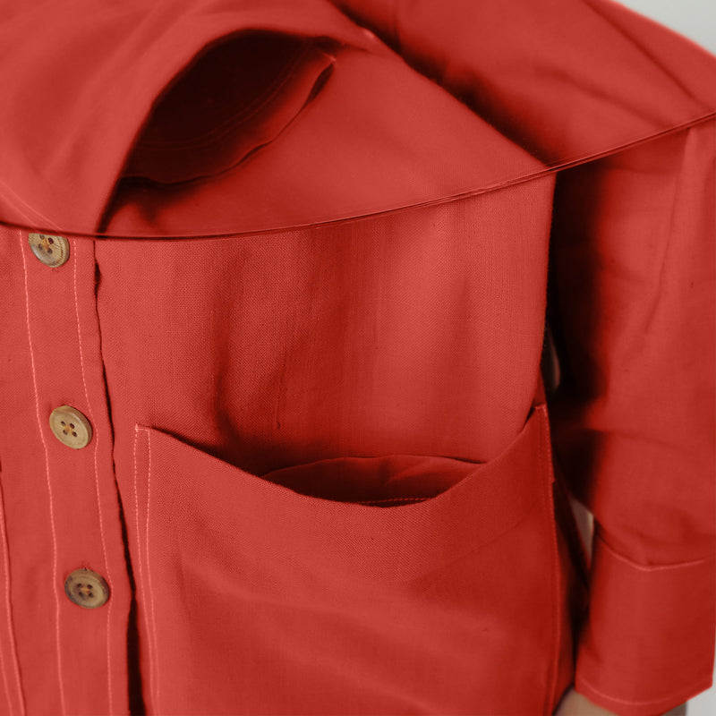 Front Detail of a Model wearing Vegetable Dyed Button-Down Red Outerwear