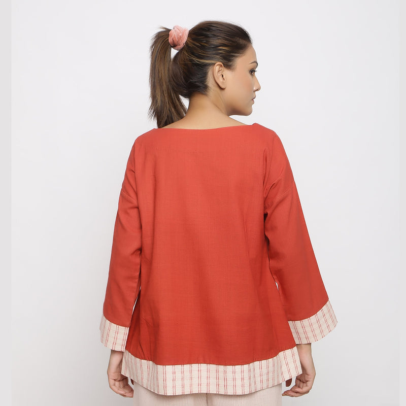 Back View of a Model wearing Brick Red Vegetable Dyed A-line Shirt