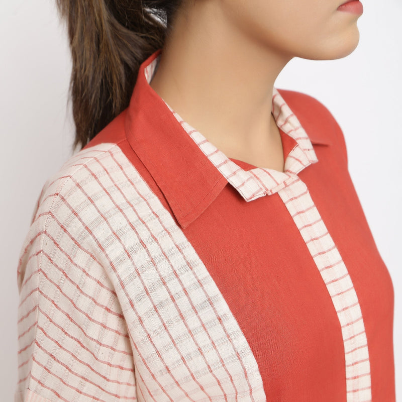 Front Detail of a Model wearing Brick Red Vegetable Dyed Button-Down Dress