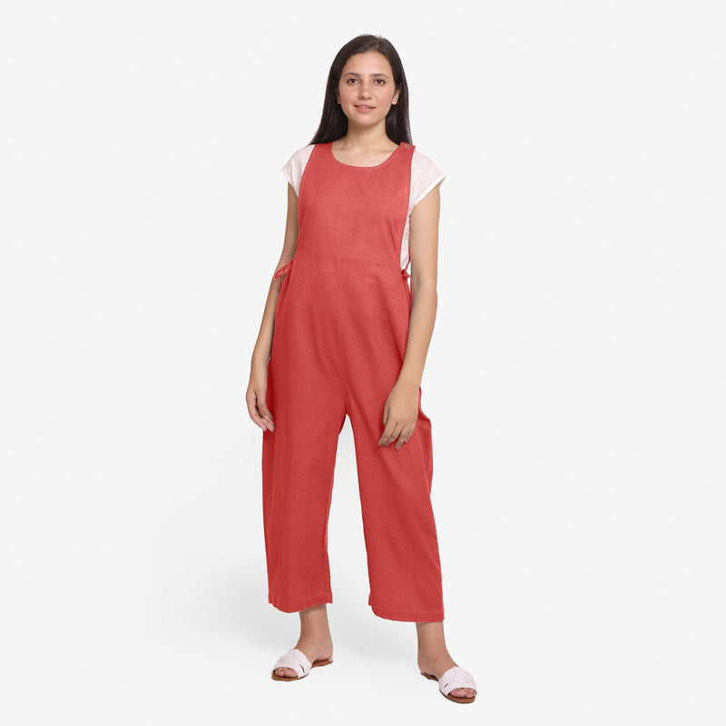 Front View of a Model wearing Brick Red Waist Tie Up Pinafore Jumpsuit