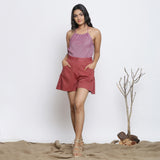 Brick Red Yarn Dyed Handspun Cotton Mid-Rise Pleated Shorts