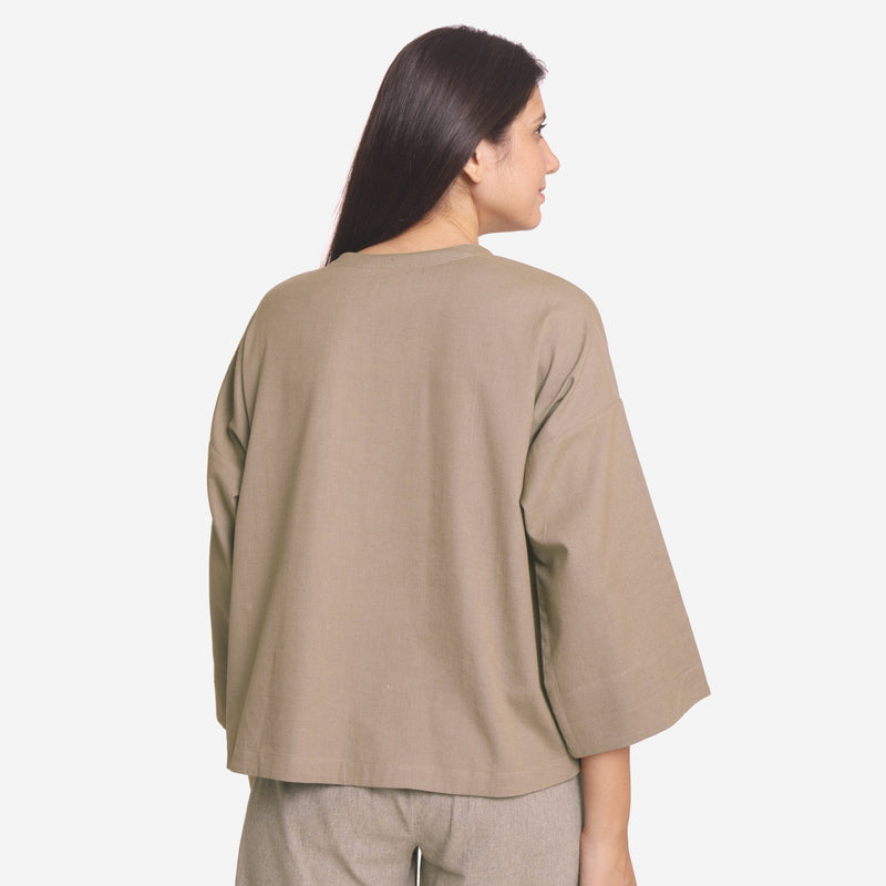 Back View of a Model wearing Brown Cotton Flax A-Line Flared Top