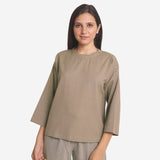 Front View of a Model wearing Brown Cotton Flax A-Line Flared Top