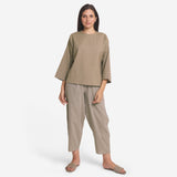 Front View of a Model wearing Brown Cotton Flax A-Line Flared Top