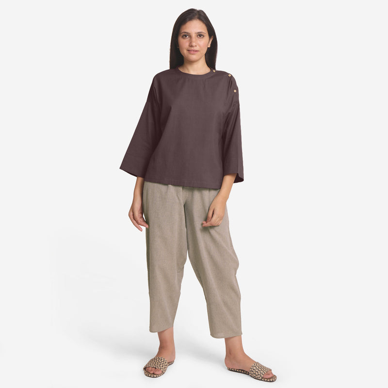 Front View of a Model wearing Brown Cotton Flax Top and Beige Pant Set