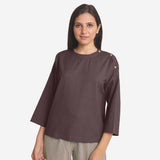 Front View of a Model wearing Brown Cotton Flax Round Neck A-Line Top