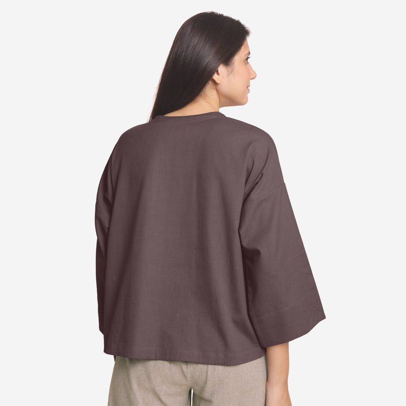 Back View of a Model wearing Brown Cotton Flax Round Neck A-Line Top