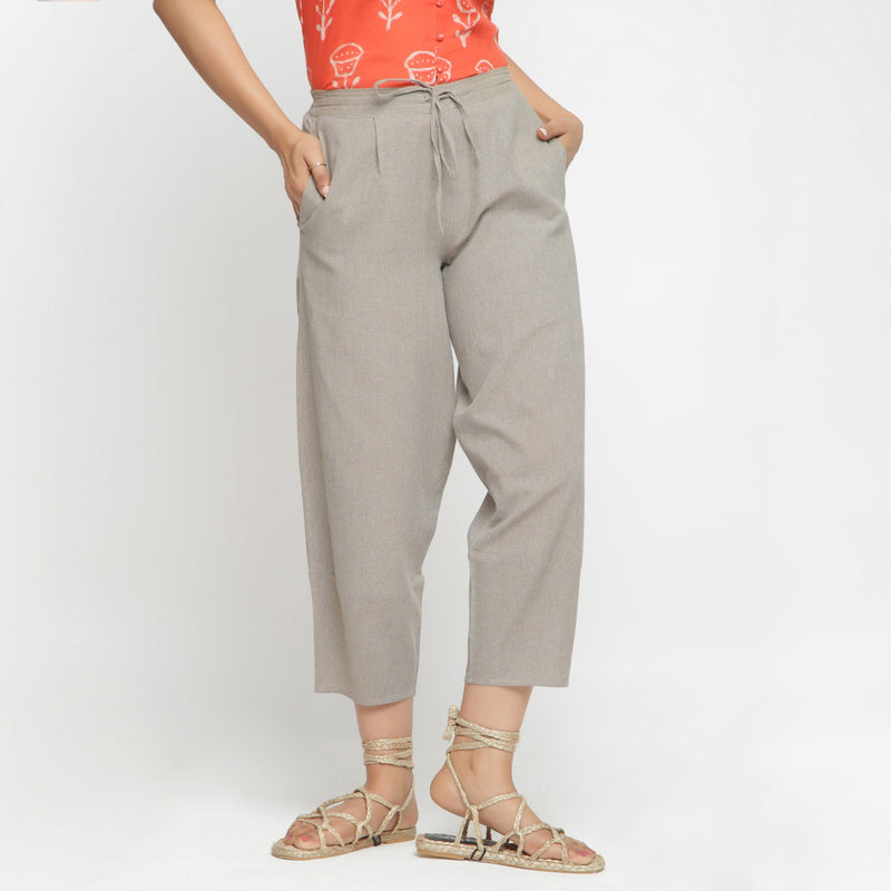 Front View of a Model wearing Yarn Dyed Cotton Beige Paneled Pant