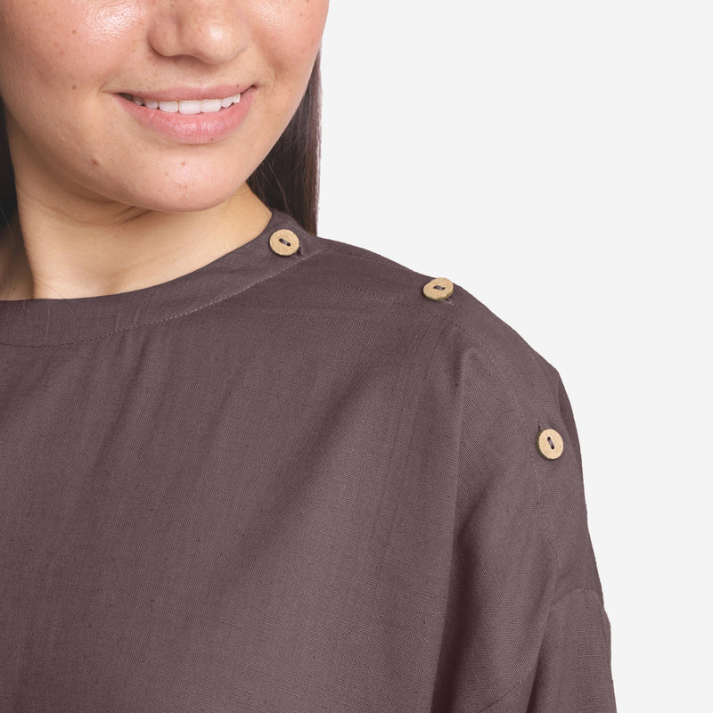 Front Detail of a Model wearing Brown Cotton Flax Round Neck A-Line Top