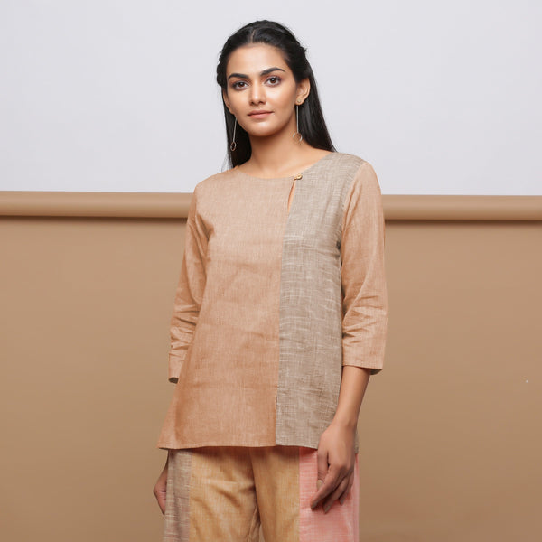 Brown Yarn Dyed Cotton Keyhole Neck Tunic Top