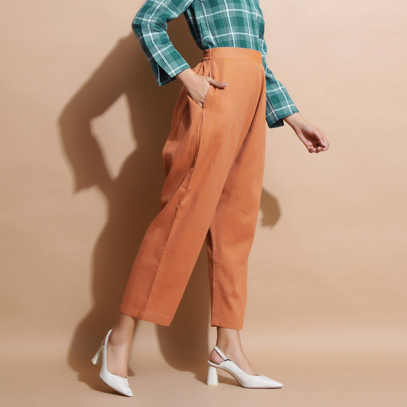 Right View of a Model wearing Brown Handspun Mid-Rise Zouave Pant