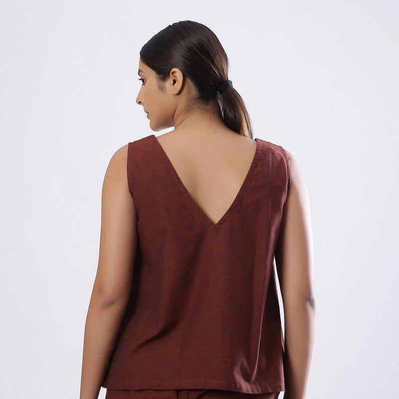 Back View of a Model wearing Brown Straight Mangalgiri Cotton Top