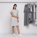 Grey Striped Yarn Dyed Cotton Knee Length Yoked Dress