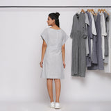 Grey Striped Yarn Dyed Cotton Knee Length Yoked Dress