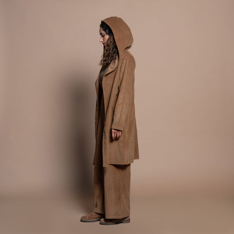 Left View of a Model wearing Camel Brown Cotton Velvet Pant and Jacket Set