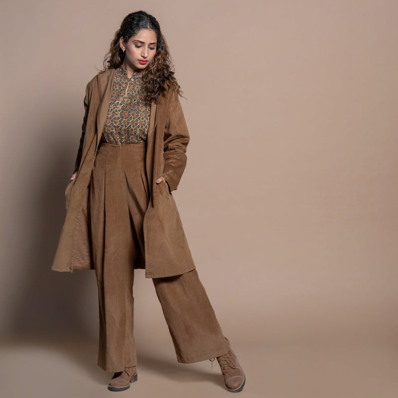 Front View of a Model wearing Camel Brown Cotton Velvet Pant and Jacket Set