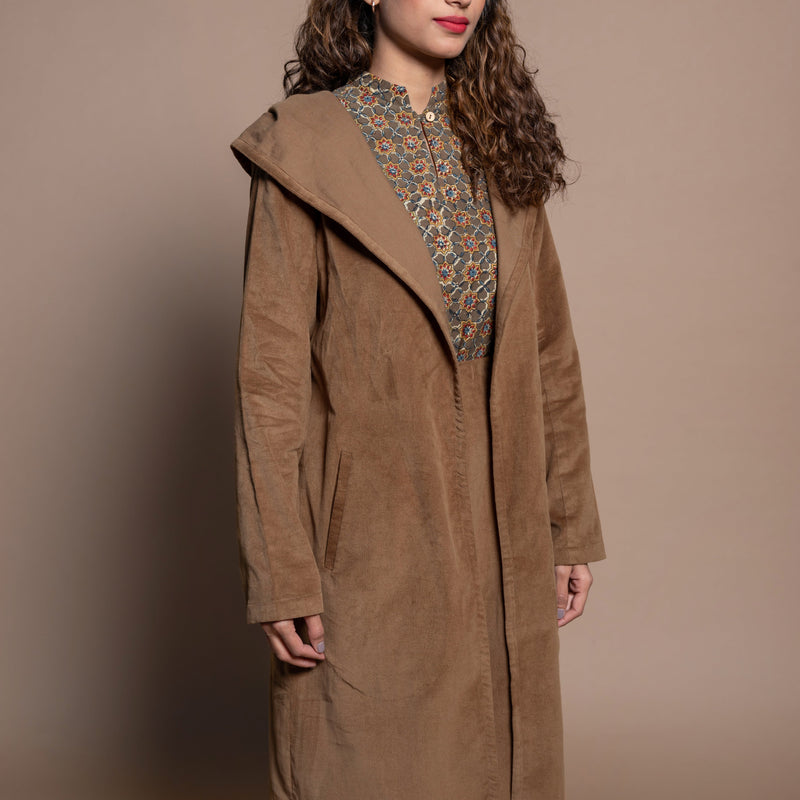 Front Detail of a Model wearing Camel Brown Cotton Velvet Pant and Jacket Set