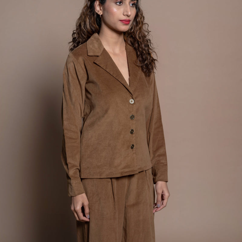 Front Detail of a Model wearing Camel Brown Cotton Velvet Shirt and Pant Set