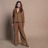 Front View of a Model wearing Camel Brown Cotton Velvet Shirt and Pant Set